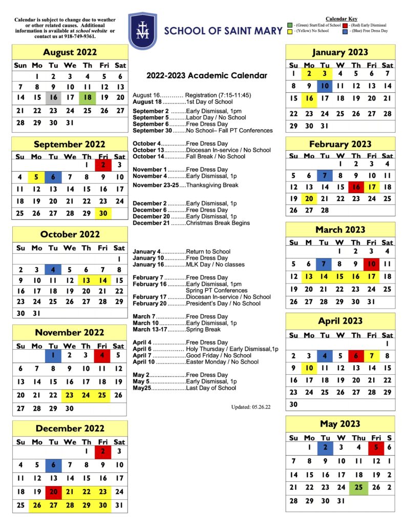 20222023 Academic Calendar School of Saint Mary